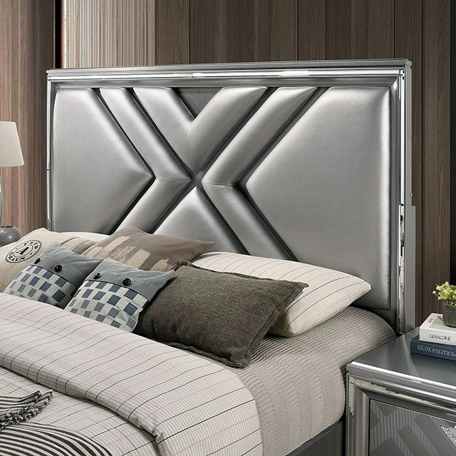 Juego de dormitorio Queen Emmeline de 4 y 5 piezas, gris y blanco