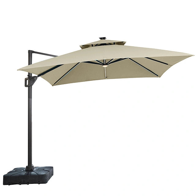 Sombrilla cuadrada Sano de 3,05 m con doble techo con luz LED + base grande de 94 cm