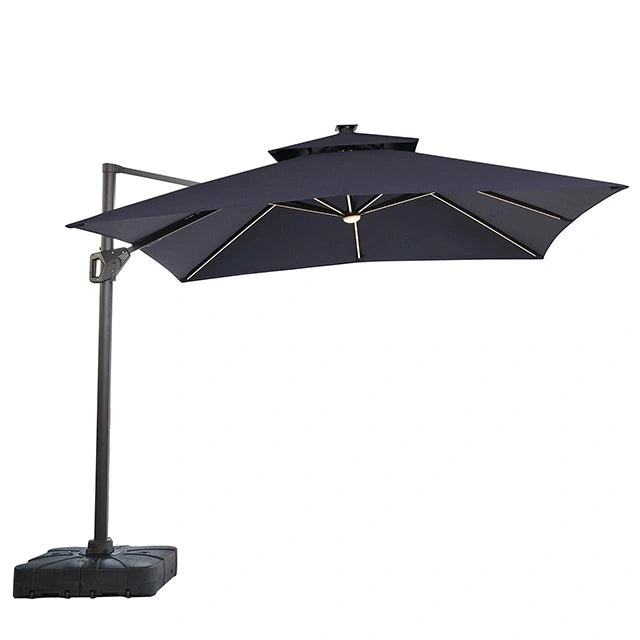 Sombrilla cuadrada Sano de 3,05 m con doble techo con luz LED + base grande de 94 cm