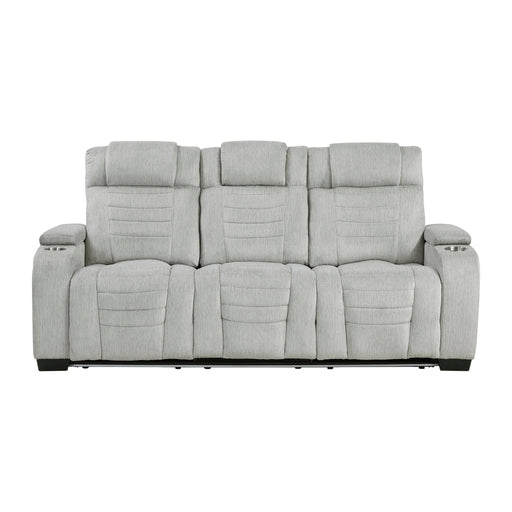 Ronan Double Reclining Sofa With Center Drop-down Cup Holders, Storage Arms, Cup Holders, Reading Lights, Magazine Bag, Receptacles, Charging Ports And LED