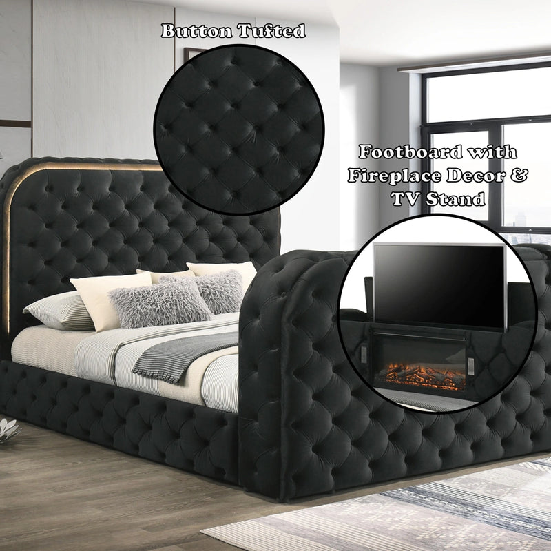 Eastern King Bed w/LED, Fireplace & TV Cabinet