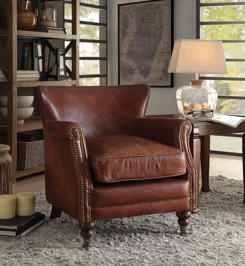 Sillón decorativo Leeds de cuero plena flor marrón oscuro vintage