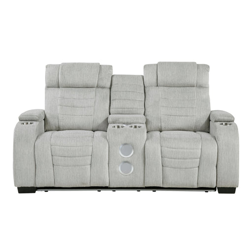Ronan Double Reclining Love Seat With Center Console, Wireless Speakers, Storage Arms, Cup Holders And LED