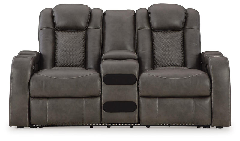 Sofá de dos plazas reclinable eléctrico Fyne-Dyme con consola