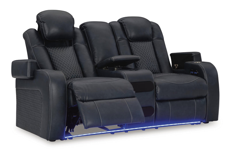 Sofá de dos plazas reclinable eléctrico Fyne-Dyme con consola