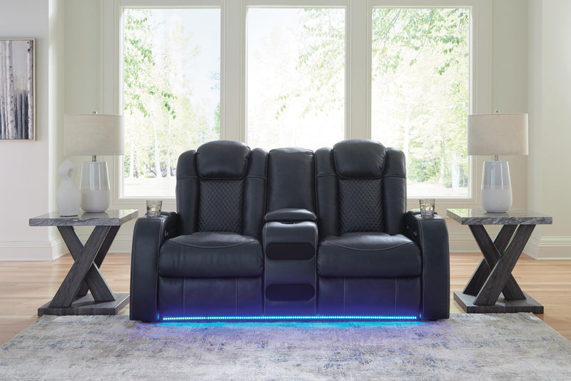 Sofá de dos plazas reclinable eléctrico Fyne-Dyme con consola