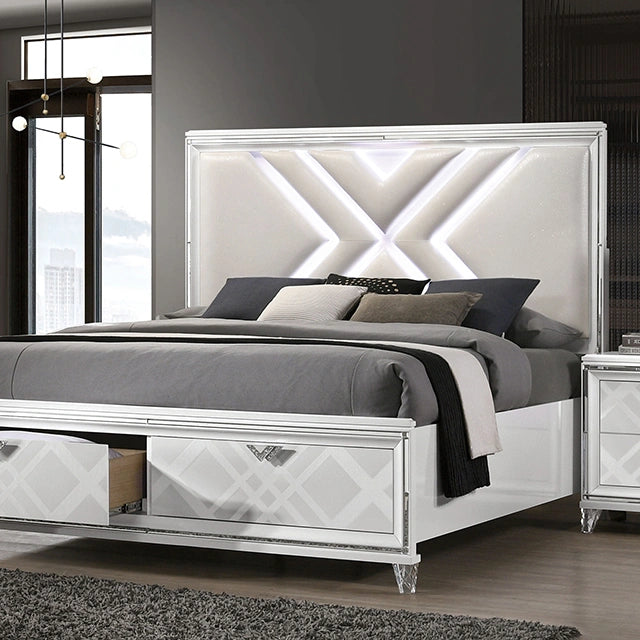 Juego de dormitorio Queen Emmeline de 4 y 5 piezas, gris y blanco