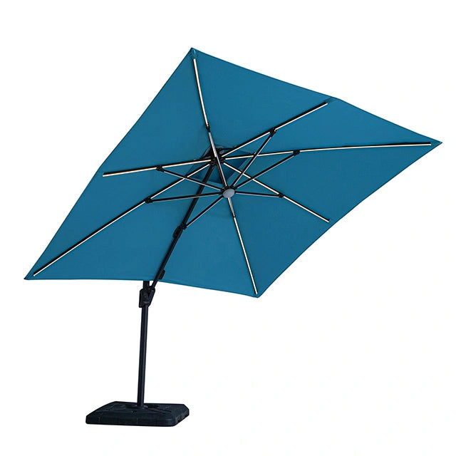 Sombrilla cuadrada Sano de 3,05 m con doble techo con luz LED + base grande de 94 cm