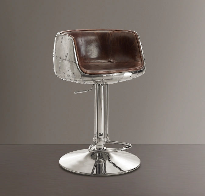 Taburete ajustable Brancaster de cuero de grano superior marrón vintage y aluminio (1 pieza)