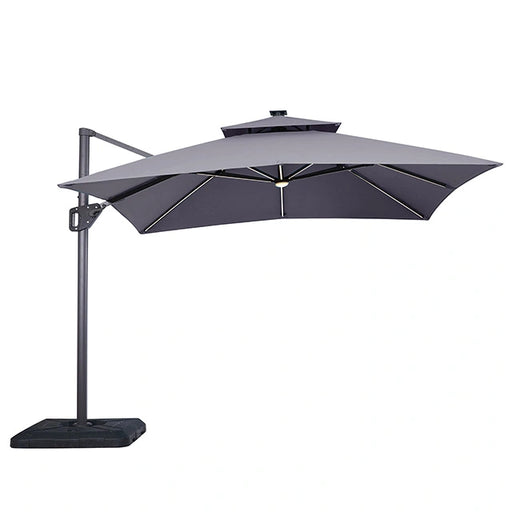 Sombrilla cuadrada Sano de 3,05 m con doble techo con luz LED + base grande de 94 cm