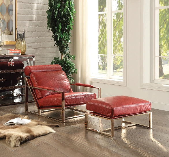 Sillón decorativo Quinto de piel de grano superior roja y detalles de acero inoxidable