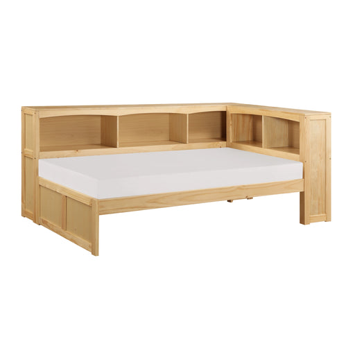 Cama plataforma esquinera con estantería doble Bartly
