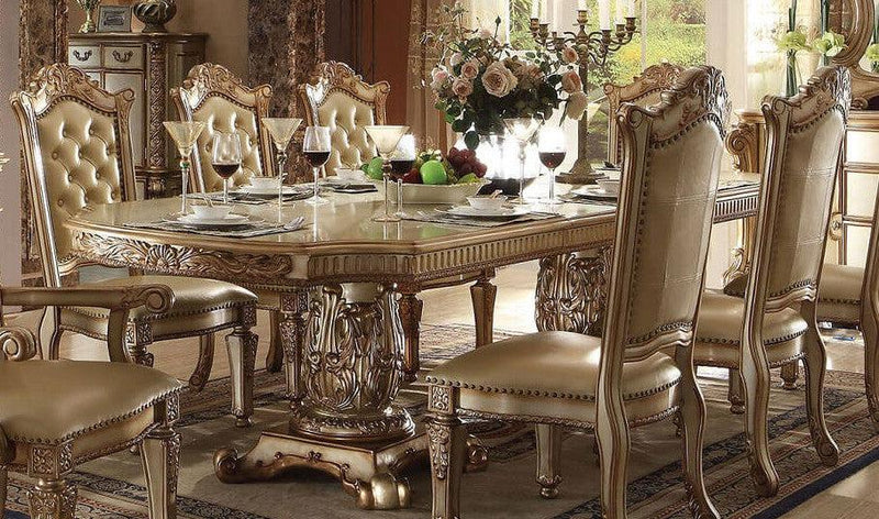 Mesa de comedor con doble pedestal Acme Vendome en pátina dorada 63000
