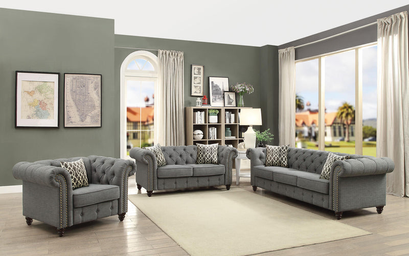 Sofá Aurelia de lino gris con 2 almohadas