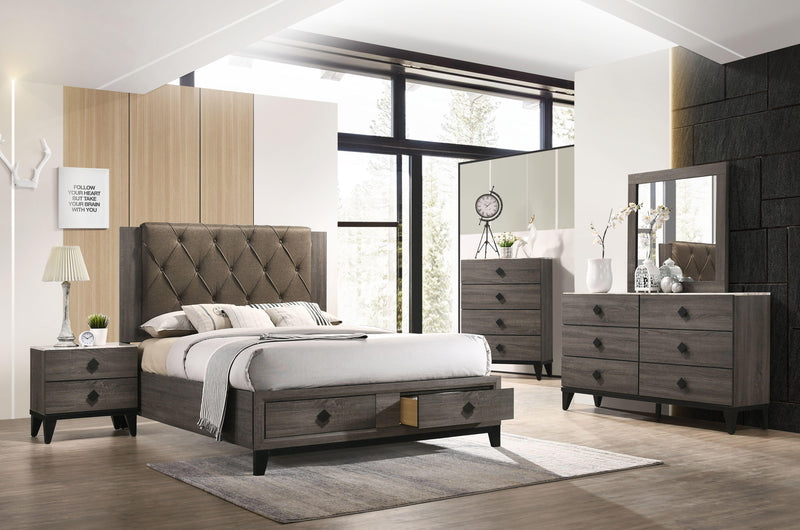 Cama King Size Oriental Avantika de Tela y Roble Gris Rústico (con Almacenamiento)