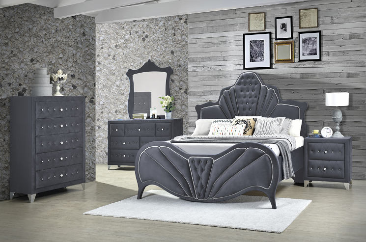 Cama Queen Dante de terciopelo gris