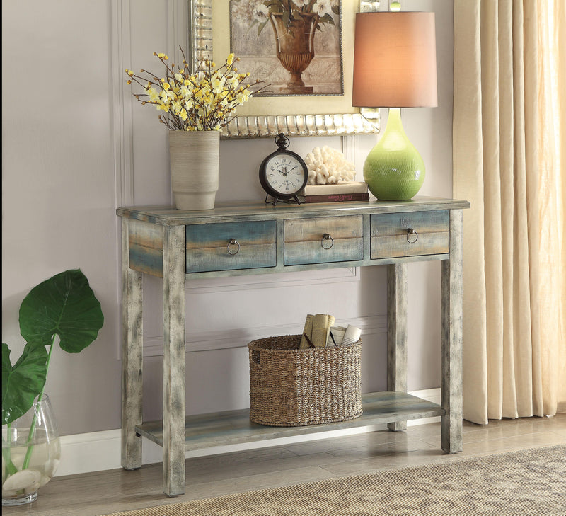 Mesa consola Glancio en blanco envejecido y verde azulado
