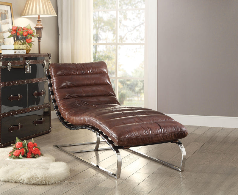 Chaise longue Qortini Vintage de cuero genuino flor marrón oscuro y acero inoxidable