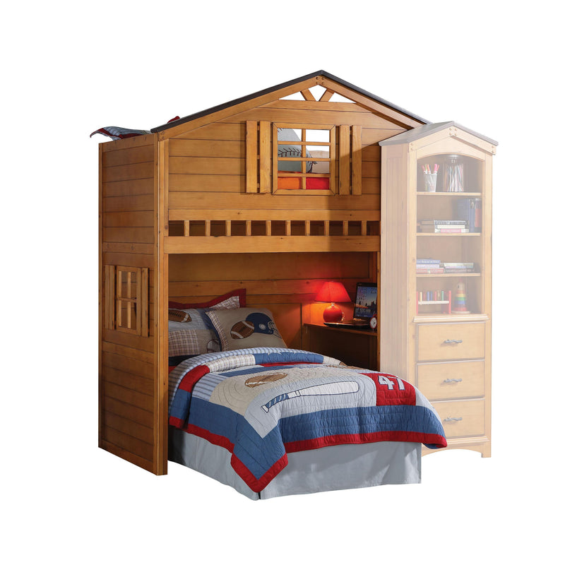 Cama alta rústica tipo cabaña de roble (tamaño individual)