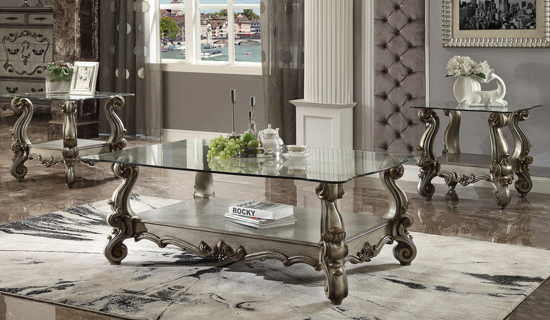 Mesa de centro Versailles de platino antiguo y cristal transparente