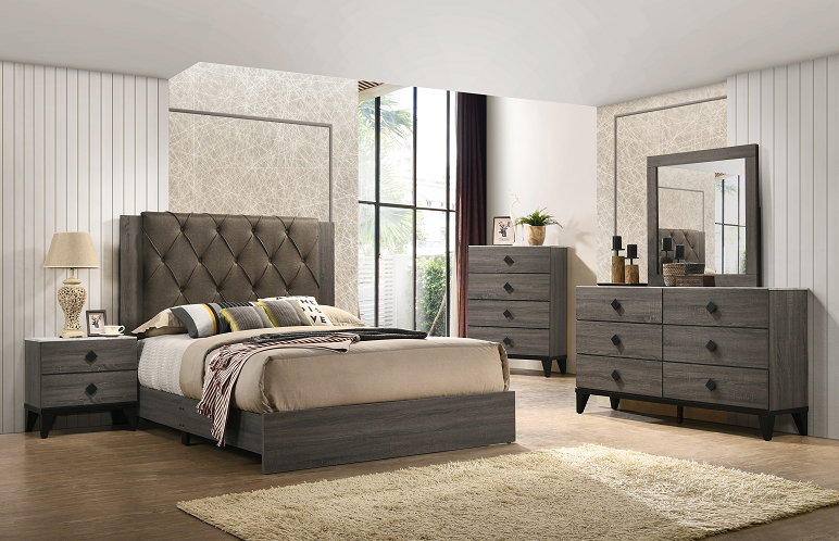 Cama Avantika Fabric & Rustic Gray Oak Eastern King