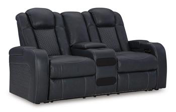 Sofá de dos plazas reclinable eléctrico Fyne-Dyme con consola