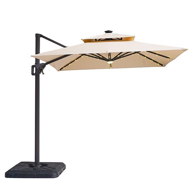 Sombrilla cuadrada Xico de 8 pies con doble techo y luz LED + base grande de 37"