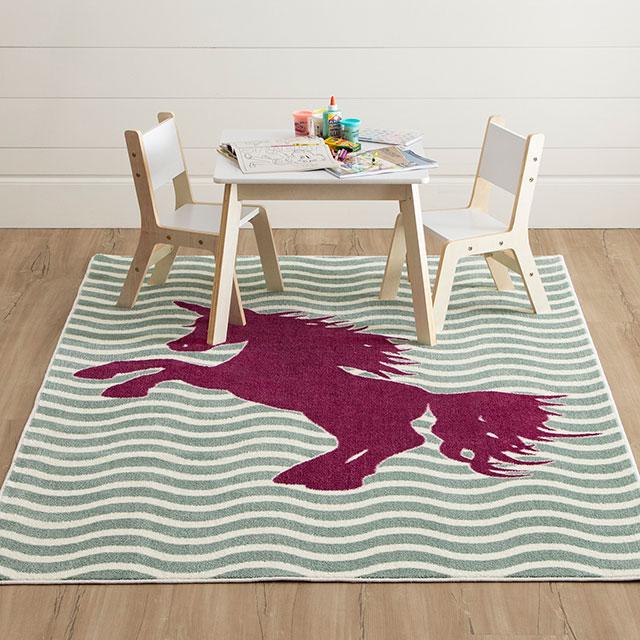 بَرون 5' × 8'، سجادة مساحات، حصان، أخضر مريمي/فوشيا