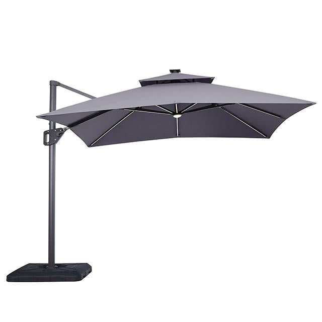Sombrilla cuadrada Sano de 3,05 m con doble techo con luz LED + base grande de 94 cm