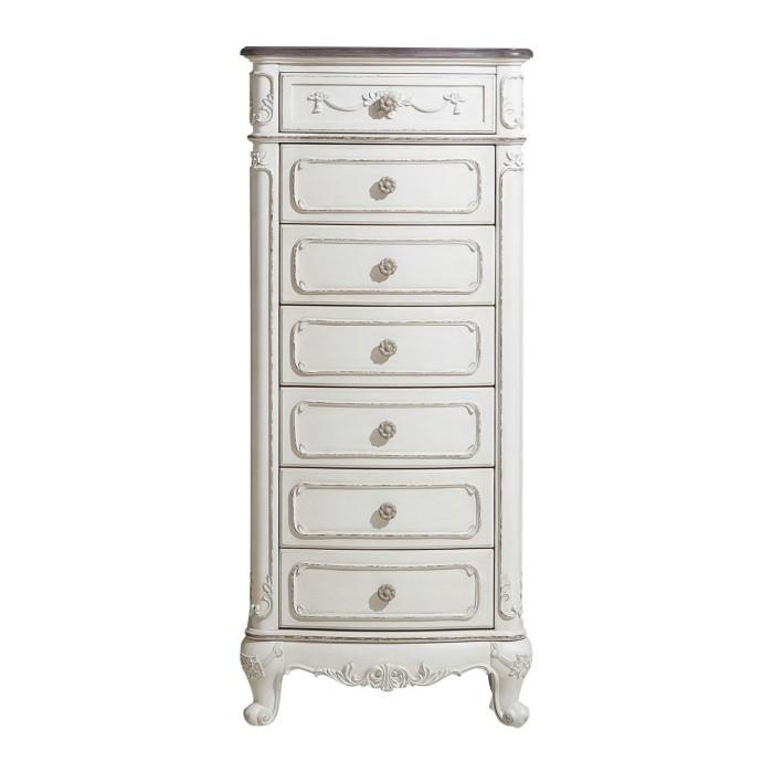 Cómoda alta Cenicienta de 7 cajones en blanco antiguo con acabado desgastado gris 1386NW-12
