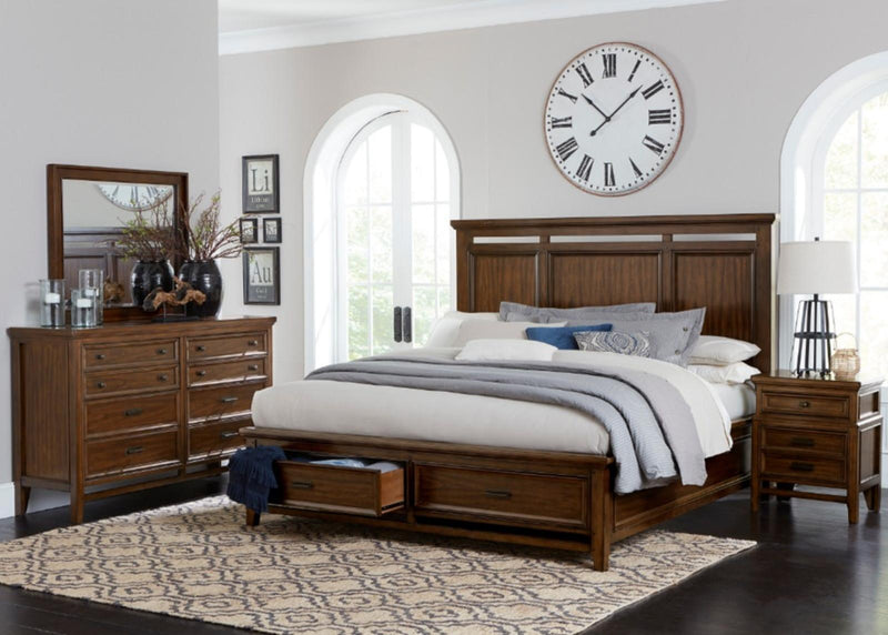 Cama de plataforma tapizada Frazier Queen con almacenamiento en cerezo oscuro 1649-1