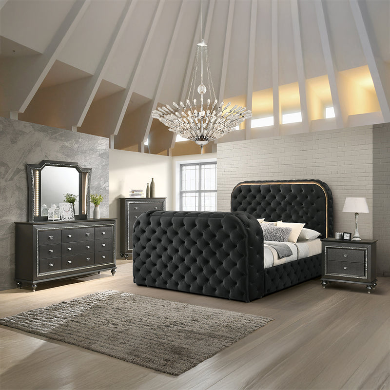Queen Bed w/LED, Fireplace & TV Cabinet