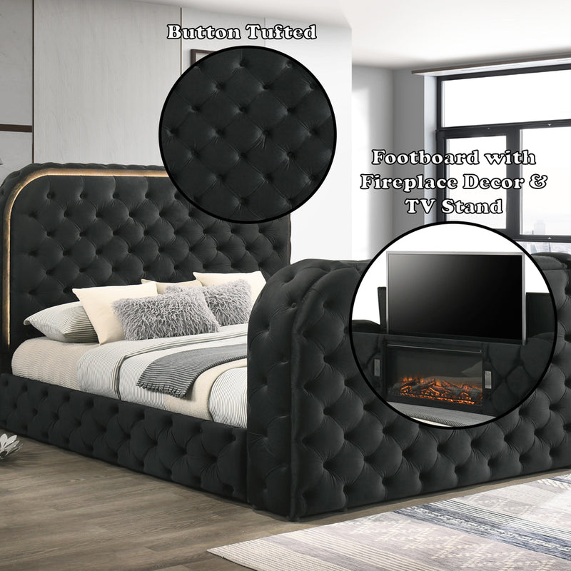 Queen Bed w/LED, Fireplace & TV Cabinet