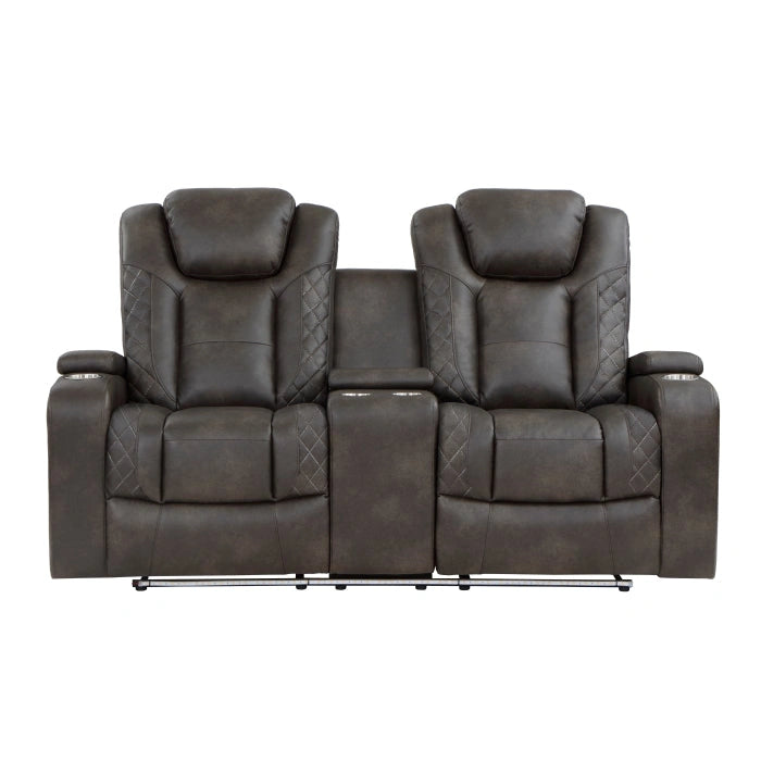 9211BRG-2PWH - Sofá biplaza reclinable doble eléctrico con consola central, reposacabezas eléctricos, brazos con almacenamiento y portavasos