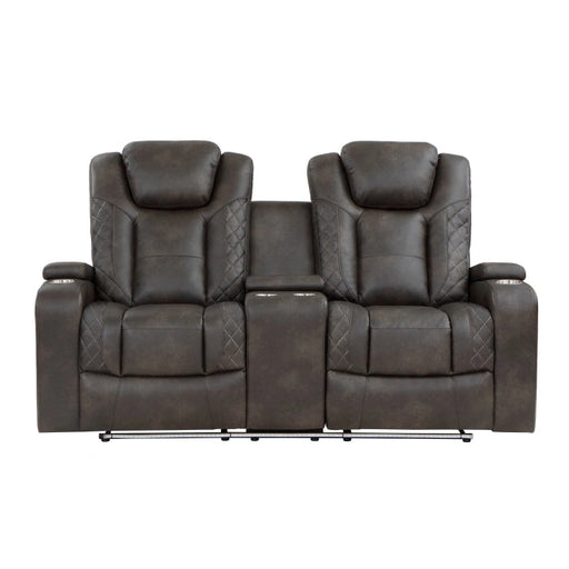9211BRG-2PWH - Sofá biplaza reclinable doble eléctrico con consola central, reposacabezas eléctricos, brazos con almacenamiento y portavasos