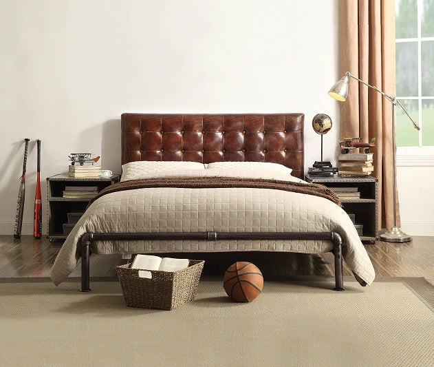 Cama Queen Brancaster de Piel de Grano Superior Marrón Vintage