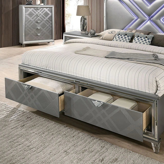 Juego de dormitorio Queen Emmeline de 4 y 5 piezas, gris y blanco